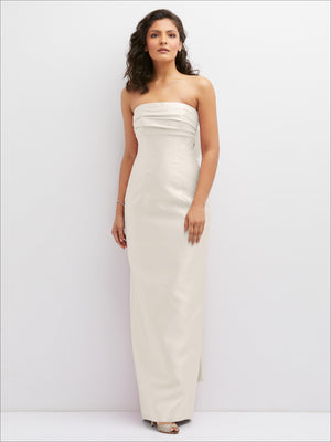 Strapless draped column dress in ivory with straight neckline and side slit