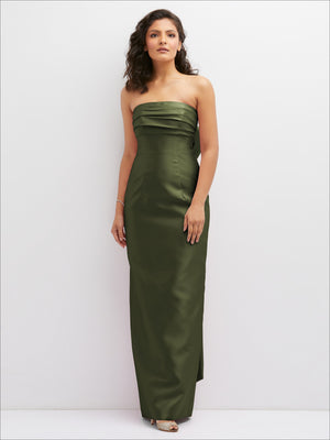 Olive green strapless draped column dress with smooth fitted bodice