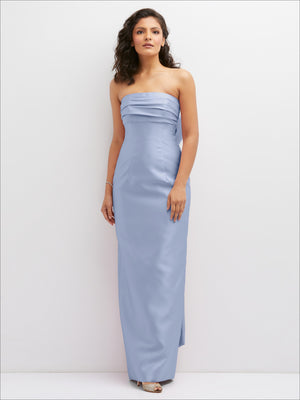 Light blue strapless column dress with ruched draped bodice and side slit