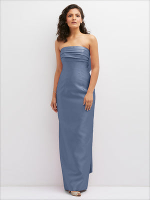 Blue strapless draped column dress with ruched bodice and side slit