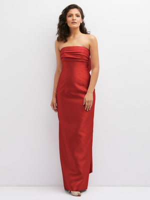 Red strapless draped column dress with ruched bodice and side slit