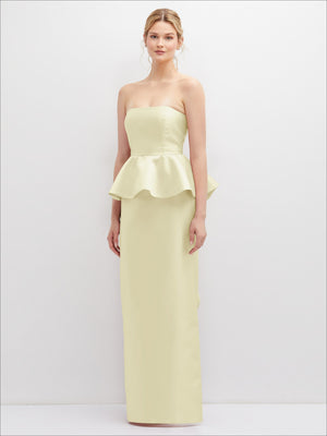 Light yellow strapless satin maxi dress with cascading ruffle peplum detail