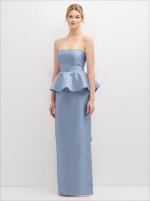 Strapless satin maxi dress in periwinkle, peplum ruffle detail at the bust and waist