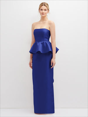 Strapless satin maxi dress in deep blue with cascade ruffle peplum hem