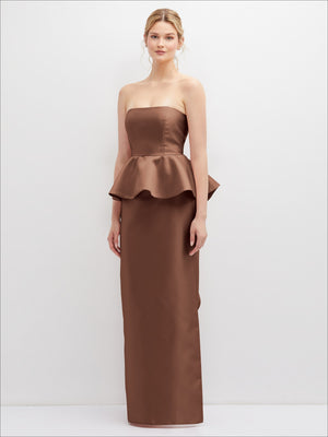 Chocolate-brown strapless satin maxi dress with peplum ruffle waist detail
