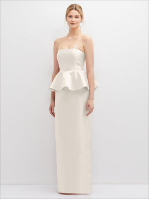 Ivory strapless satin maxi dress with cascade ruffle peplum detail and straight skirt