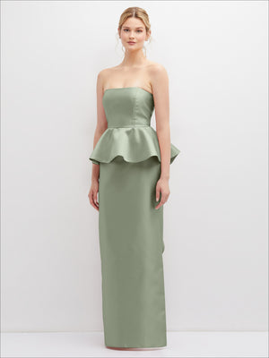 Strapless satin maxi dress in muted green with peplum ruffle and front drape