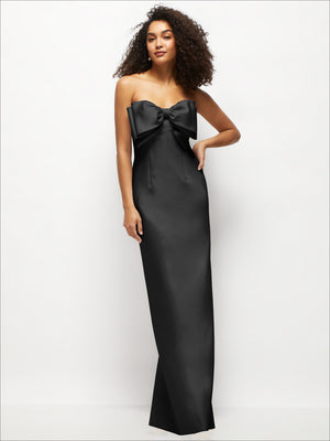 Black strapless satin column maxi dress with oversized bow at the bust