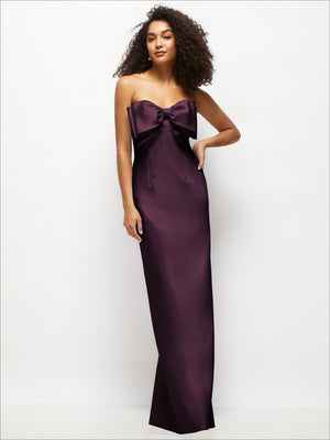 Burgundy strapless satin column maxi dress with oversized handcrafted bow at bust
