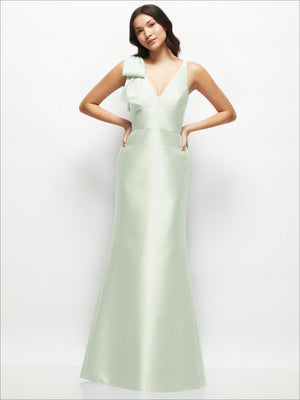 Mint green satin trumpet dress with one-shoulder cascading bow and deep V-neck