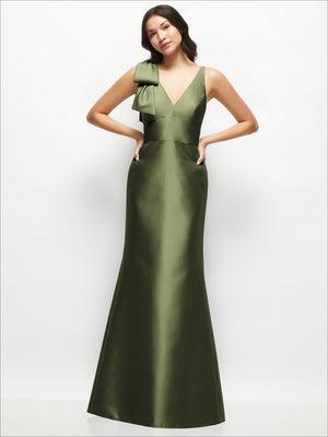 Olive green satin trumpet dress with one-shoulder bow and deep V-neck, front view