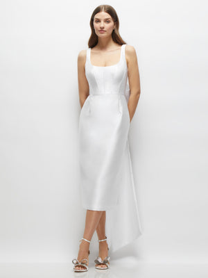 White satin corset midi dress with scoop neckline and long bow-tails, sleeveless