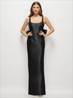 Black satin corset maxi dress with square neckline, sleeveless, fitted bodice