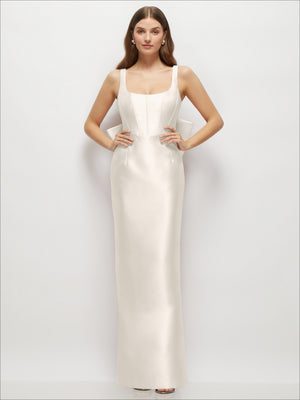White satin corset maxi dress with square neckline, sleeveless, fitted bodice
