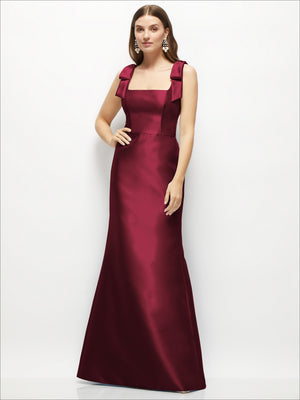 Wine satin fit-and-flare maxi dress with bow shoulder straps and square neckline