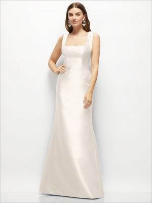 White satin maxi dress with square neckline, sleeveless fitted bodice and flared hem.