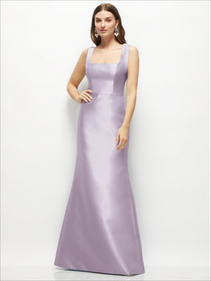 Lilac satin square-neck fit-and-flare maxi dress with sleeveless straps