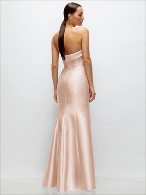 Blush satin strapless trumpet gown back view, fitted waist with flared skirt