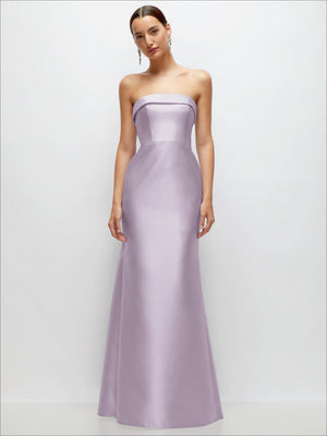 Lilac strapless satin trumpet gown, fitted bodice with flared skirt hem