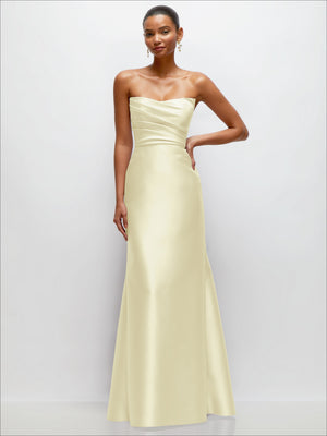 Strapless satin trumpet dress with draped bodice, pale yellow