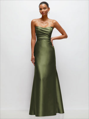 Strapless satin trumpet dress with draped bodice, olive green