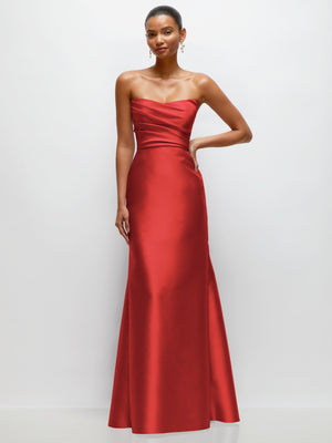 Strapless satin trumpet dress with draped bodice, red