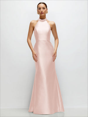 Blush pink satin halter high-neck trumpet dress, sleeveless, floor-length