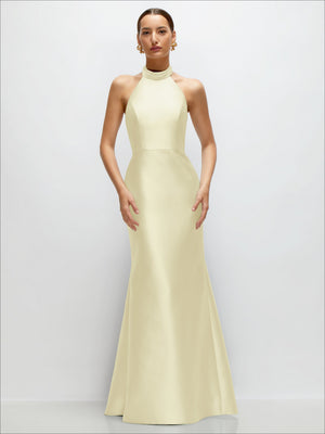 Satin trumpet dress with halter high neck and sleeveless open-back style, pale yellow.