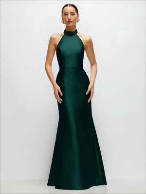 Hunter green satin halter high-neck trumpet dress, sleeveless, floor-length