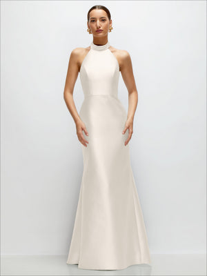 White satin trumpet dress with high halter neck and open back, front full view