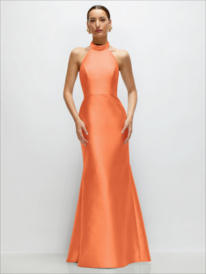 Satin trumpet dress with high halter neckline and open back, coral orange