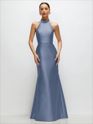Light blue satin halter trumpet dress with high neckline and open back