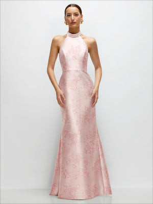 Floral satin trumpet dress, high neck halter, open back, pink with delicate blossoms