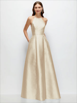 Cream satin halter maxi dress with jewel neckline and A-line skirt