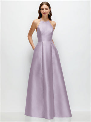 Lilac halter satin A-line maxi dress with fitted bodice and full flared skirt
