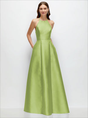 Light green satin halter maxi dress with jewel neckline and full A-line skirt