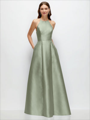 Sage green satin halter maxi dress with jewel neckline and full A-line skirt