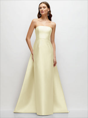 Ivory satin strapless column dress with straight neckline and long skirt