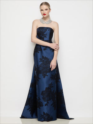 Strapless navy satin column dress with flocked floral pattern