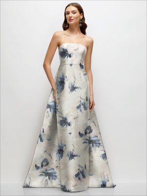 Light fabric with navy-blue floral strapless satin column dress and full skirt.