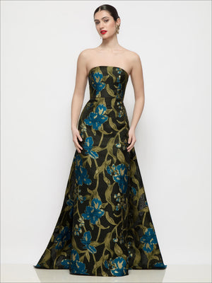 Strapless floral jacquard column dress in peacock blue and green, with long train