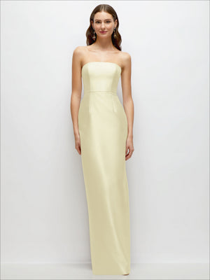 Strapless satin column dress in pale yellow with smooth, straight silhouette
