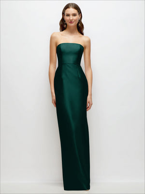 Strapless satin column dress in dark green with strapless straight skirt