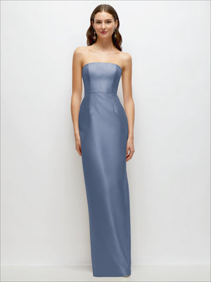 Blue strapless satin column dress, fitted bodice and long skirt