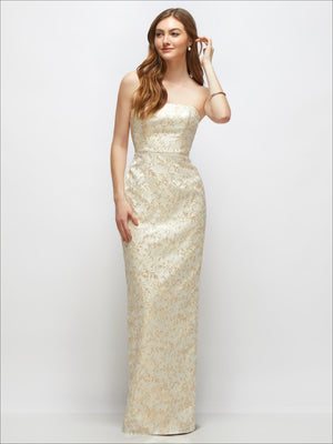Champagne strapless brocade column dress with fitted bodice and back slit