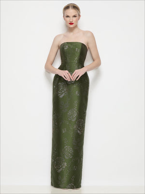 Olive strapless evening gown with gold sheen and floral pattern, fitted column skirt