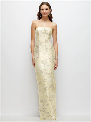 Strapless satin column dress with light floral print in pale cream-yellow, side slit.
