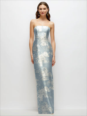 Strapless floral satin column dress in dusty blue with fitted bodice