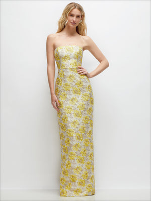 Strapless column dress in golden yellow with floral jacquard, sweetheart neckline