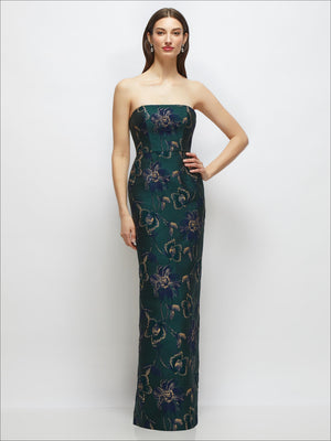 Evergreen strapless column dress with metallic floral jacquard and back slit